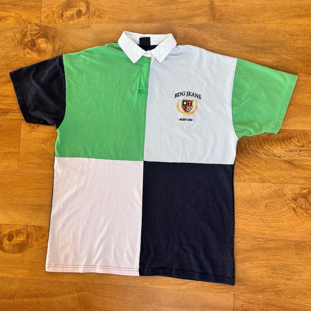 BDG Urban Outfitters Mens Colorblock Rugby Polo Shirt Green Navy White Crest M